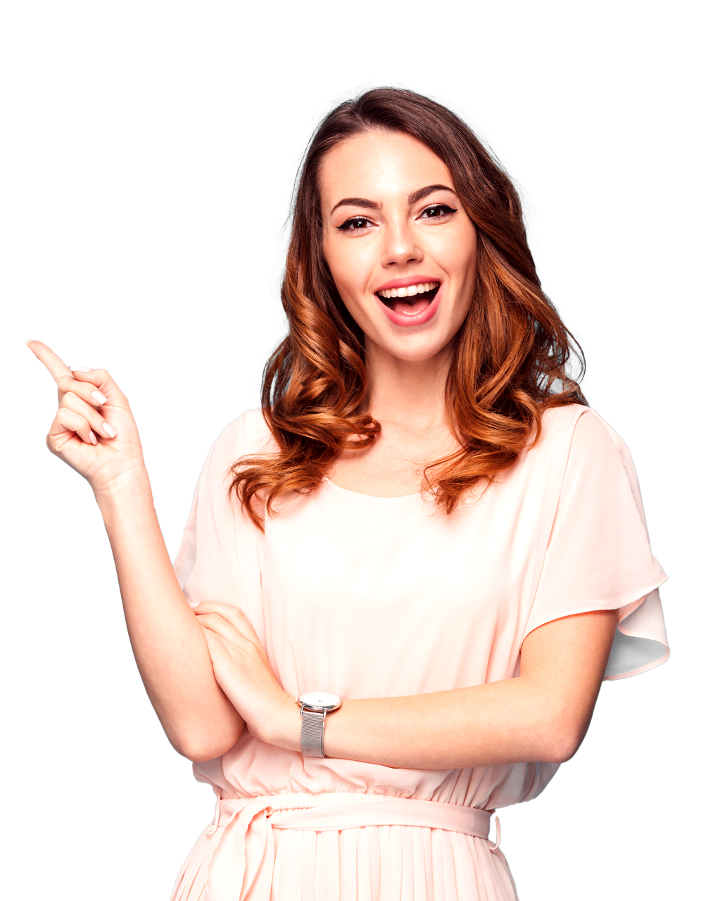 Female Model, Well-Dressed, Pointing and Smiling at H1 Header 